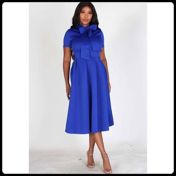 SOLD OUT: Solid Royal Blue Midi Flare Style Dress with Necktie, - Picture 4 of 13